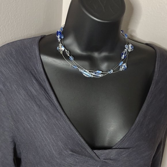 Blue And Clear Glass Bead And Wire Necklace Adjustable 15.5 To 18 Inches Long - Picture 12 of 12